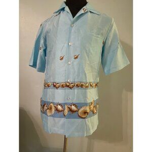Vintage 1950s Mark Raysten Mens Malihini Light Blue Hawaiian Aloha Camp Shirt
